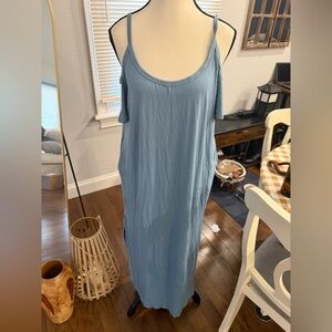 Blue Super Soft Spaghetti Strap Dress w Cold Shoulder Sleeve